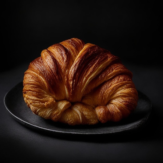 Un delicioso croissant con su corteza dorada que brilla contra un plato negro profundo