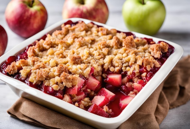 Un delicioso crumble de frutas con una mezcla de manzanas y ruibarbo