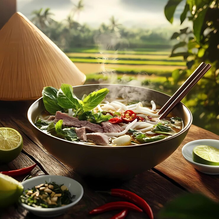 Un delicioso cuenco de pho colocado en la mesa.
