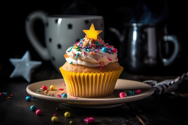 Delicioso cupcake com cobertura e café ao lado generativo IA