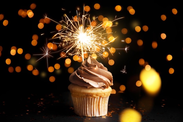 Delicioso cupcake de cumpleaños con bengala en mesa negra contra luces borrosas