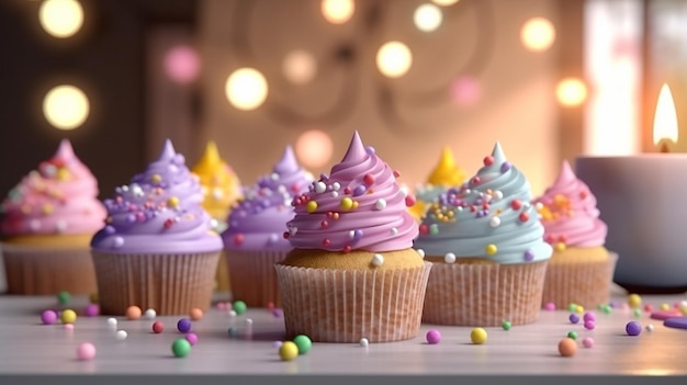 Delicioso cupcake de cumpleaños en la mesa sobre fondo claro Ai generativo