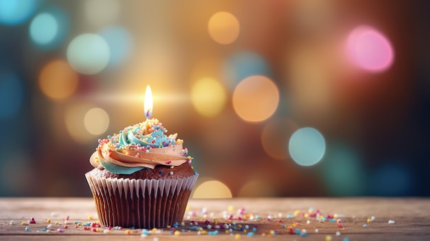 Delicioso cupcake de cumpleaños con vela encendida AI generativa