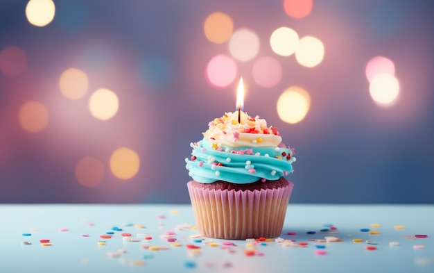 Delicioso cupcake de aniversário na mesa sobre fundo claro