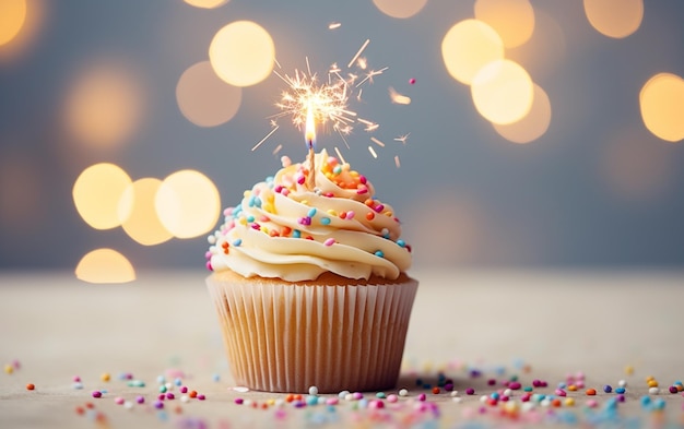 Delicioso cupcake de aniversário na mesa sobre fundo claro