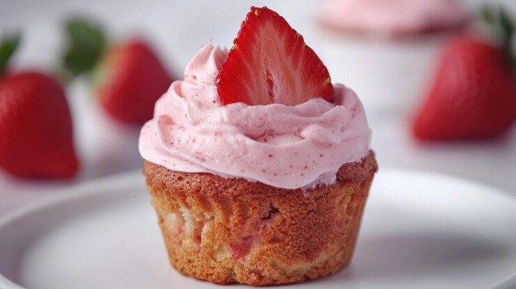 Foto delicioso cupcake de morango com cobertura rosa e cobertura de morango fresco em um prato branco