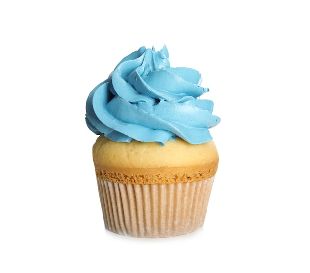 Delicioso cupcake decorado con crema azul aislado en blanco Regalo de cumpleaños