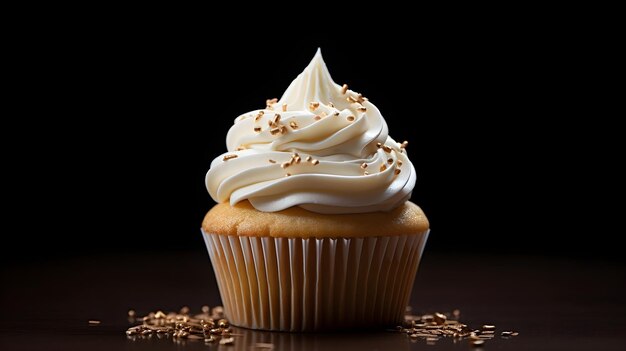 un delicioso cupcake con glaseado blanco y chispitas de colores