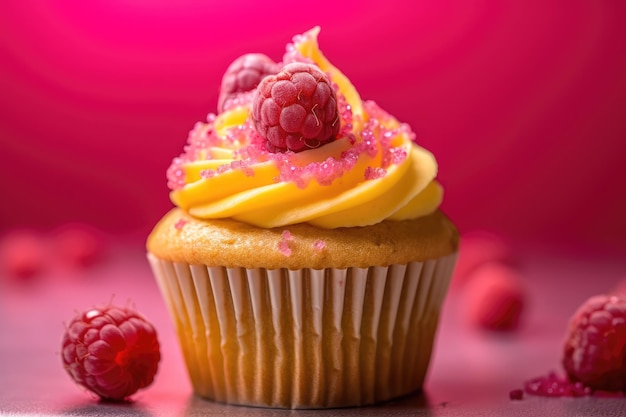 Delicioso cupcake rosa e amarelo com framboesas