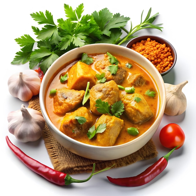 Delicioso curry de pollo con algunos ingredientes en fondo blanco