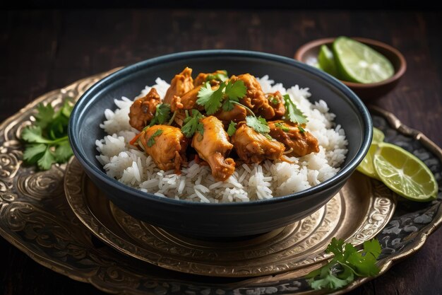 Foto delicioso curry de pollo con arroz