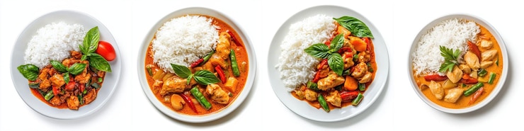 Delicioso curry de pollo y verduras con arroz de jazmín y hierbas frescas