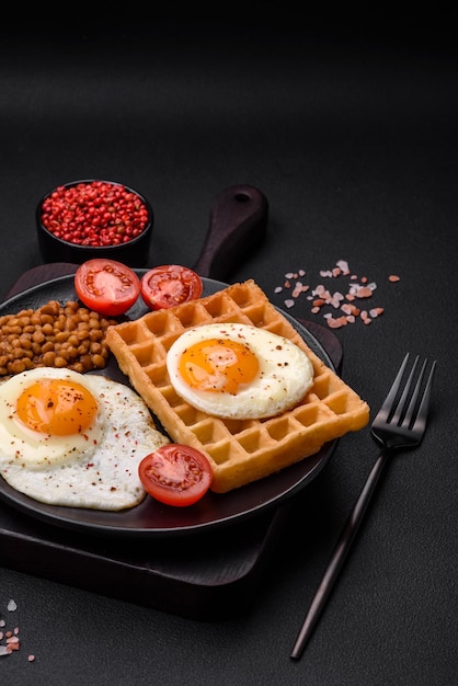 Foto delicioso desayuno abundante que consiste en un gofre belga de huevo frito