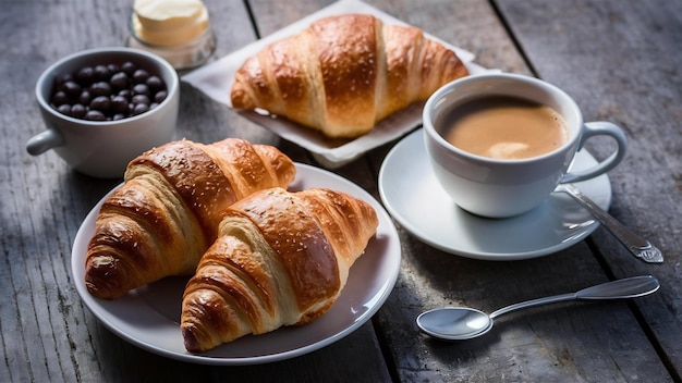 Delicioso desayuno con croissants frescos y café servido con mantequilla