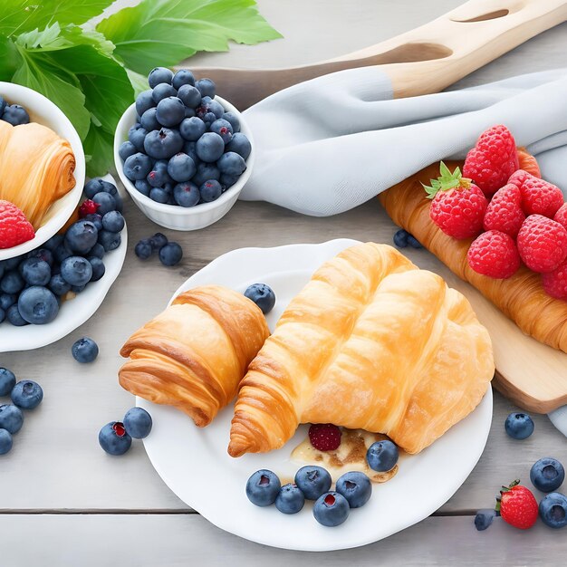 Delicioso desayuno con croissants recién hechos y bayas maduras sobre un fondo de madera vintage