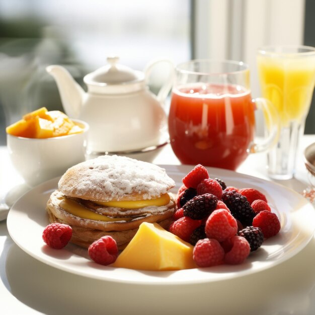 Delicioso desayuno con desayuno en la mesa