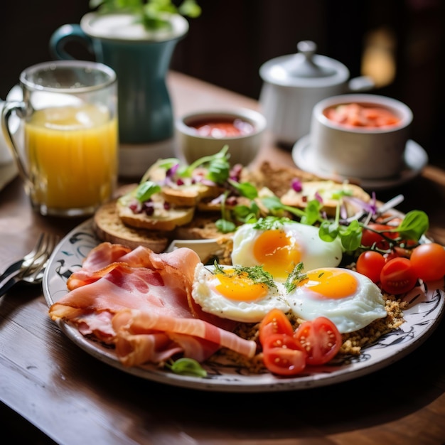 Un delicioso desayuno de estilo fusión extendido en una mesa con una variedad de platos deliciosos y colores vibrantes