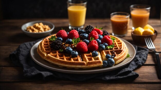 delicioso desayuno de gofres con bayas en una mesa de madera