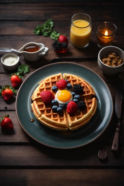 delicioso desayuno de gofres con bayas en una mesa de madera