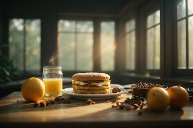 delicioso desayuno por la mañana en fondo de madera