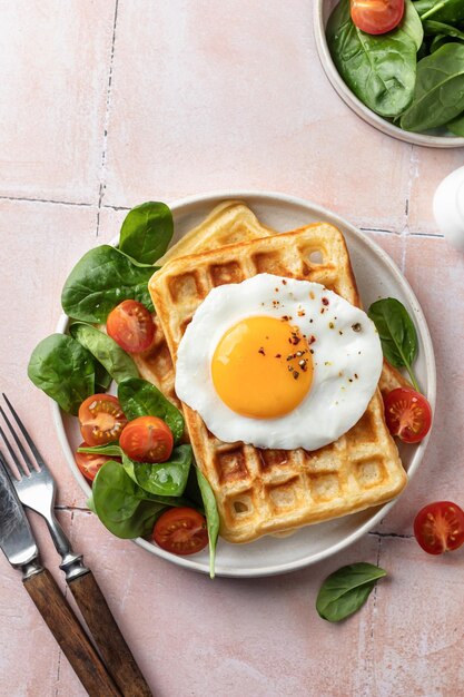 Delicioso desayuno saludable sobre fondo de mosaico rosa con gofres belgas salados huevo frito y ensalada de tomate cherry espinacas Vista superior plana