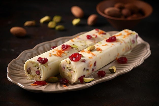 Foto delicioso desierto matka kulfi aislado en un plato con fondo de colores