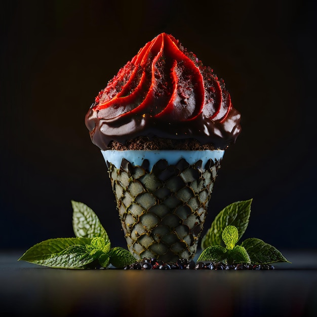 Foto delicioso diseño de cono de helado con fresa y hoja de limón helado aislado en limpio