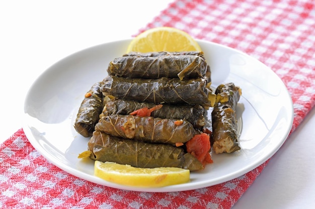 Delicioso dolma sarma rellenado con hojas de uva, arroz, salsa de yogur blanco, dolma Sarma libanesa en el plato, cocina turca, griega, de Oriente Medio, nombre turco: Yaprak Sarma.