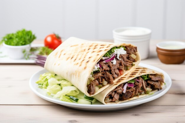 Foto delicioso doner kebab em fundo de madeira