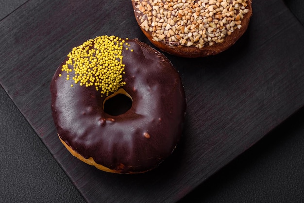 Delicioso donut con relleno de crema y nueces sobre un fondo de hormigón oscuro