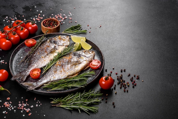 Delicioso dorado al horno a la parrilla con especias y hierbas. Dorado cocinado sobre