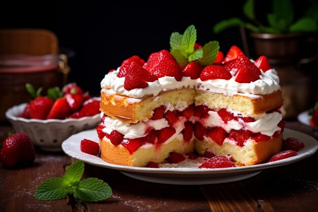 Delicioso y dulce pastel con fresas y baiser en un plato