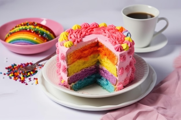 Delicioso e lindo bolo com cores do arco-íris servido com chá ou café Generative AI