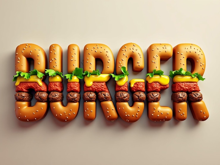 Foto delicioso efecto de texto de hamburguesa 3d con colores jugosos para restaurantes de comida rápida y diseños de menú