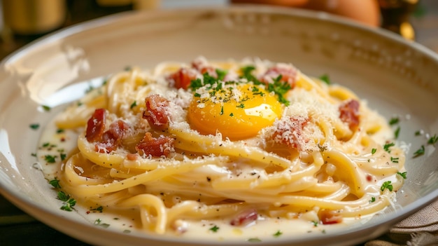 Delicioso espagueti carbonara con salsa cremosa yema de huevo tocino y perejil en plato blanco en