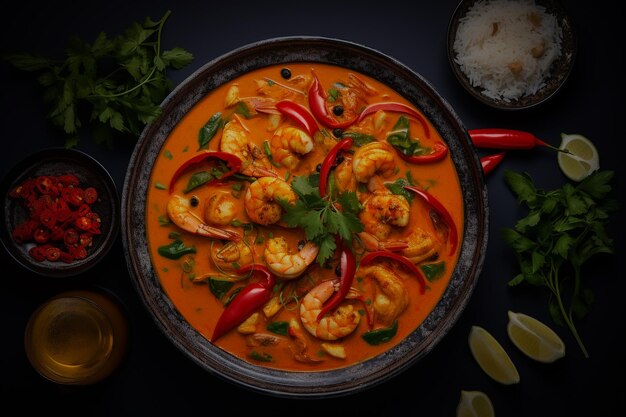 Delicioso estofado brasileño Moqueca con ingredientes de colores