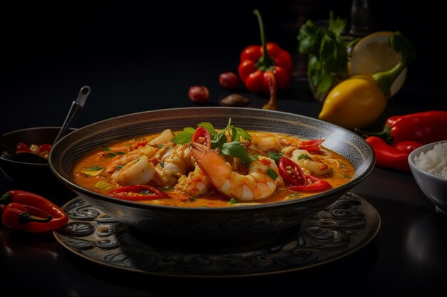 Delicioso estofado brasileño Moqueca con ingredientes de colores