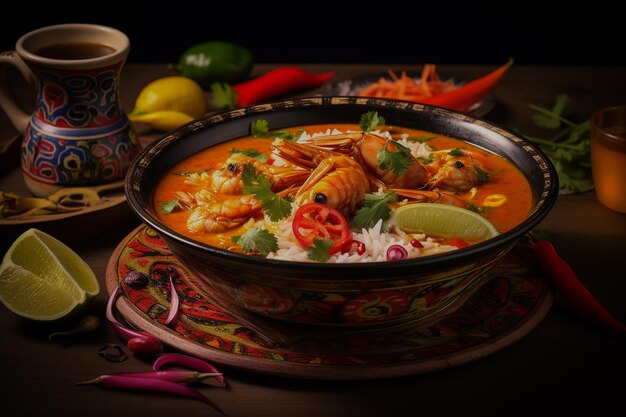 Delicioso estofado brasileño Moqueca con ingredientes de colores