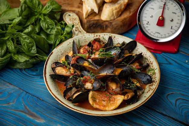 delicioso estofado de mariscos con mejillones en mesa de madera