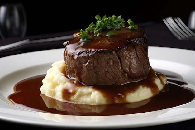 Delicioso filé mignon em cama de purê de batata ao molho gourmet