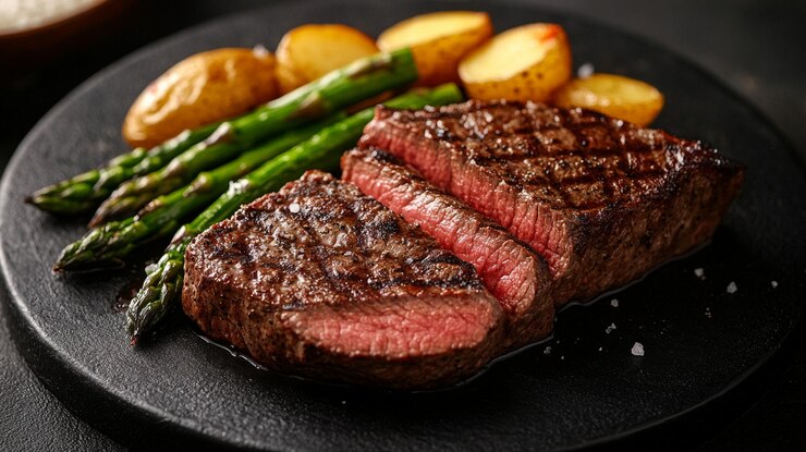 El delicioso filete australiano Wagyu servido con espárragos a la parrilla y patatas en un plato negro