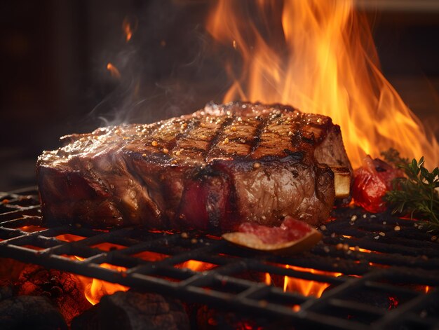 Delicioso filete de carne a la parrilla con romero y pimienta en una parrilla de barbacoa