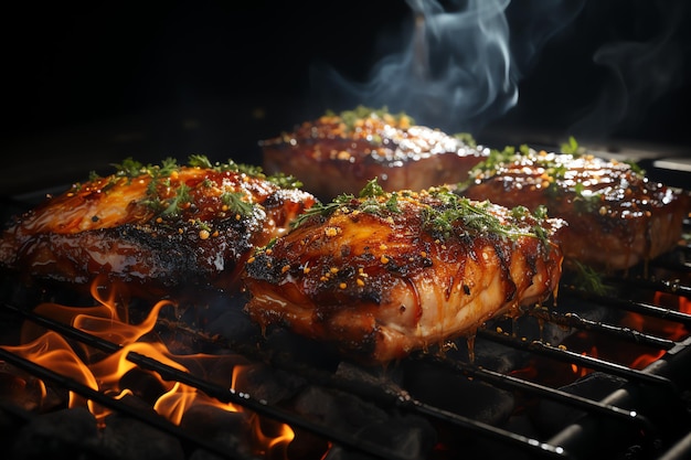 Un delicioso filete de cerdo a la parrilla con fuego.