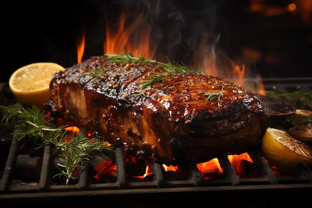 Un delicioso filete de cerdo a la parrilla con fuego.