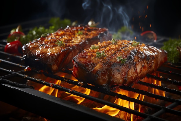 Un delicioso filete de cerdo a la parrilla con fuego.