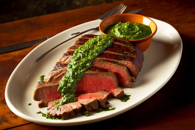 Delicioso filete de flanco de asado incompleto en plato blanco con salsa chimichurri