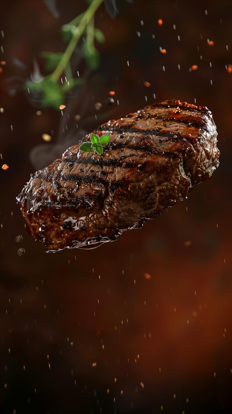 delicioso filete flotando en el aire estudio de fotografía de comida profesional publicidad de fondo