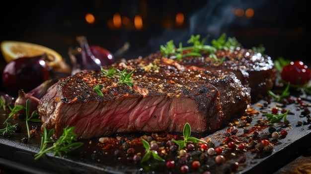 Delicioso filete a la parrilla con salsa de barbacoa derretida en la mesa