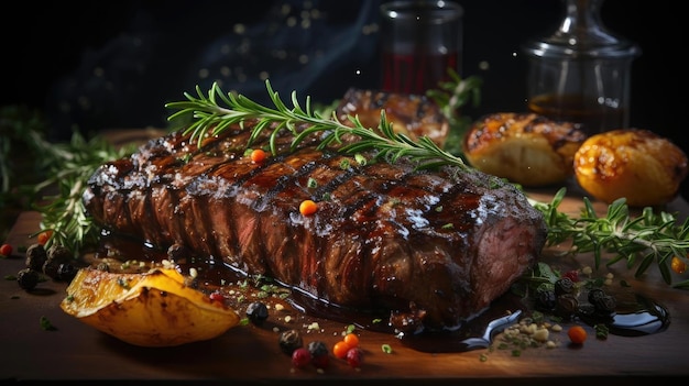 Delicioso filete a la parrilla con salsa de barbacoa derretida en la mesa