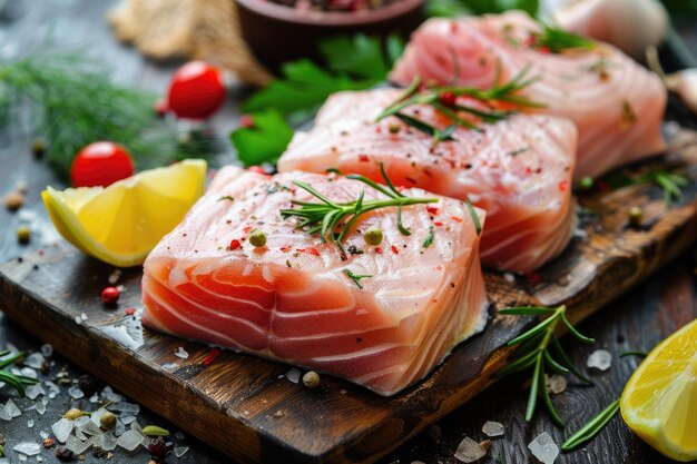 Foto delicioso filete de pez espada para la cena pescado orgánico fresco cocinado con fondo dietético y